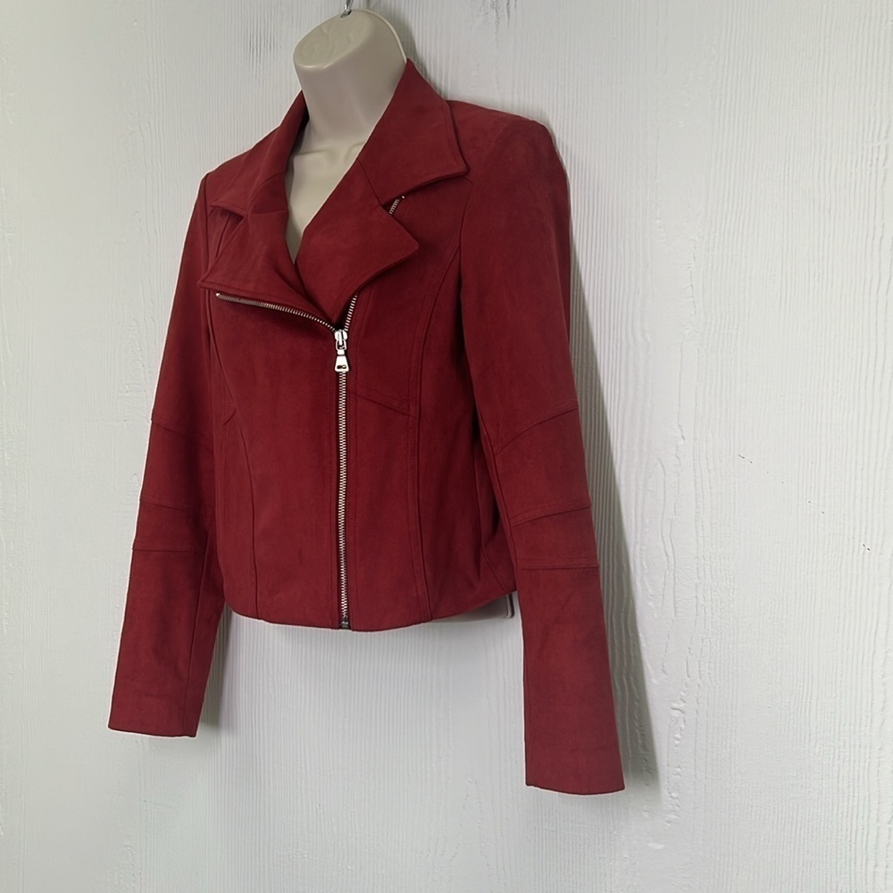 Express - Red Faux Vegan Suede Moto Long Sleeve Lined  Zipper Jacket Size XS - Picture 6 of 13